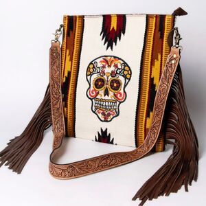 American Darling Genuine Leather and Canvas Messenger Bag Embroidered Skull